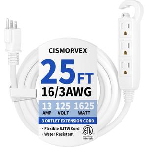 25 Ft 3 Outlet Outdoor Extension Cord Waterproof, Grounded Extension Cord with Multiple Outlets, 16/3 AWG 3 Prong Power Strip for Garden, Patio, Camping, 13A 125V 1625W, ETL Listed, White