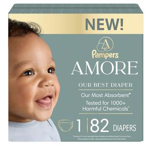 Pampers Amore, Size 1 (8-14 lbs), 82 Count, Our Best Diaper – Hypoallergenic & Fragrance Free, Up to 100% Leakproof, Soft as Cashmere
