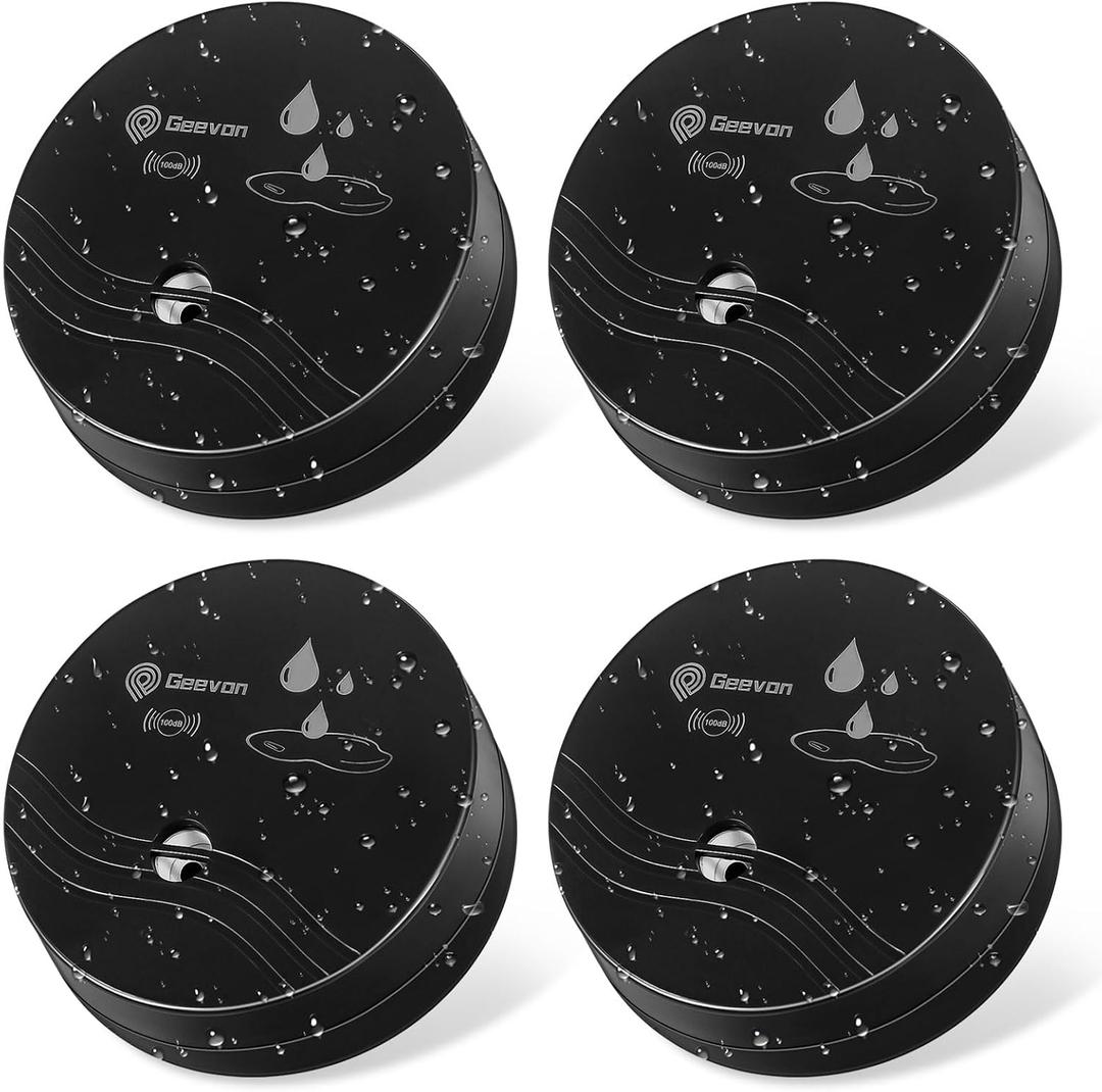 Geevon 4 Pack Water Leak Detectors, 100dB Water Sensor Alarms Flood Detector for Basements, Bathrooms, Laundry Rooms, Kitchens, Garages, and Attics, Water Alarms Battery-Operated (Battery Included) (Black)