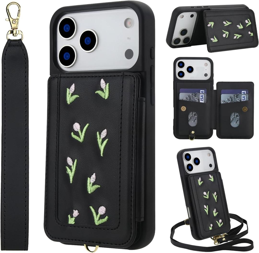 Wallet Case for iPhone 17 Pro, Magnetic Snap Flip Leather Cover with Flower Design Credit Card Holder Stand WristbandiPhone 17 Pro Protective Phone Case for Women