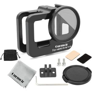 Gurmoir Metal Protective Case for Go Pro Hero 13/12/11/10/9 Black, Upgraded Aluminum Alloy Back Door Housing Frame Video Cage, with 2 Cold Shoe Mount and 52mm Filter