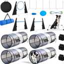 Dog Agility Training Equipment, Course Backyard Set Training Equipment for Dogs Pet Outdoor Game with Grey and Black Tunnel, Agility Hurdle, Poles, Jump Ring, Pause Box, Toy Balls and Storage Bag