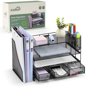 Desk Organizers and Accessories, 4 Tier Paper Letter Tray Organizer Holder Desk Organization with Drawer, Mesh Desktop Organizer with Vertical File Holder Workspace Accessories for Office Supplies