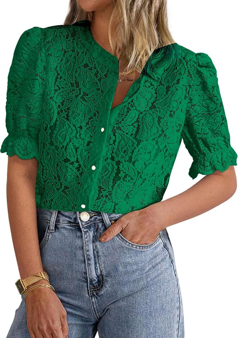 PRETTYGARDEN Womens 2026 Spring Lace Tops Short Puff Sleeve Casual Dressy Blouses Eyelet Crew Neck Button Down Shirts (Green, M)