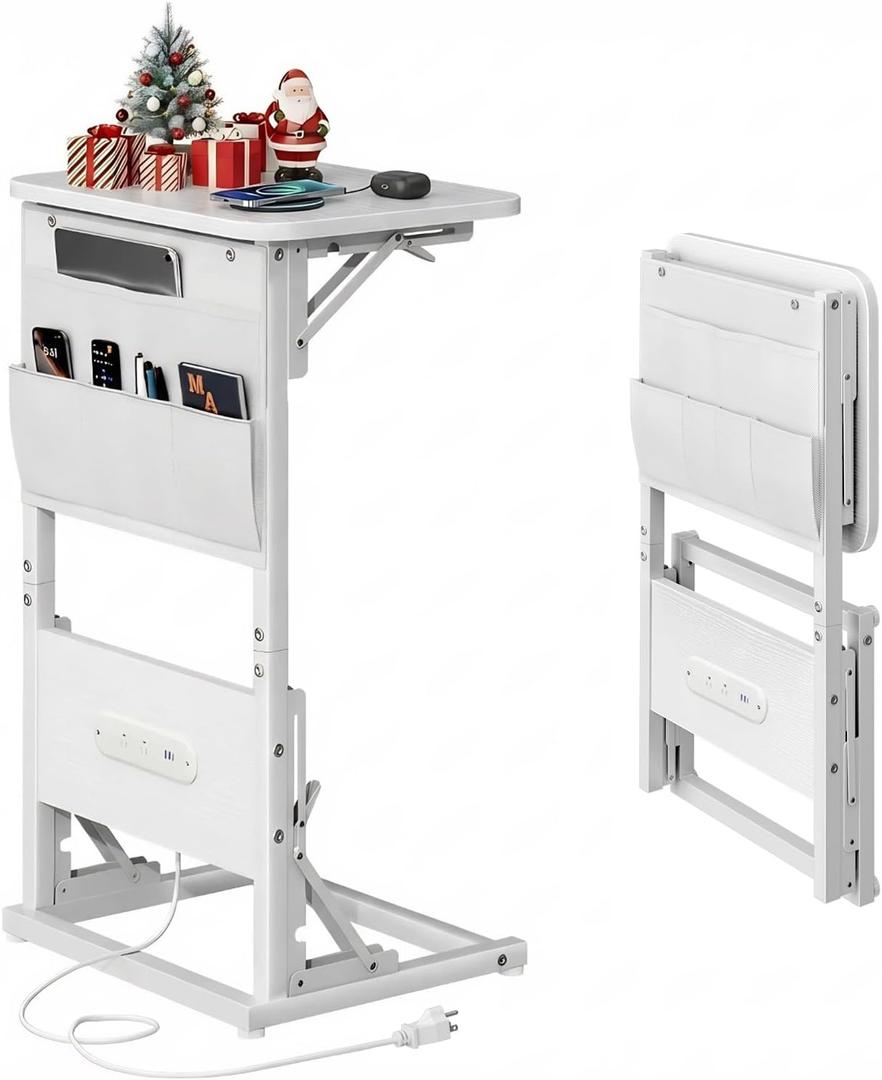 HLDIRECT C Shaped End Table with Charging Station, Couch Side Table with Storage Bag, Foldable TV Tray with 2 USB Ports and Outlets for Living Room, Bedroom, White