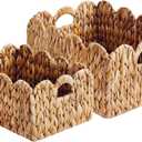 Set of 2 Scalloped Edge Wicker Storage Basket with Built-in Handles, Rectangle Water Hyacinth Basket for Organizing, Decorative Woven Rattan Basket for Shelf, Nursery Room