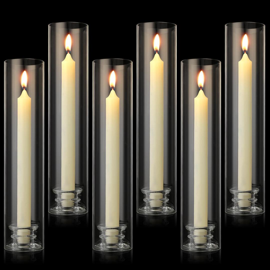 6 Sets Modern Candle Stand with Chimney Cover Taper Candle Holders Glass Hurricane Candle Holder for Tapered Candles 12inch Large Crystal Candlestick Holder Stand with Cylinder Sleeves for Wedding