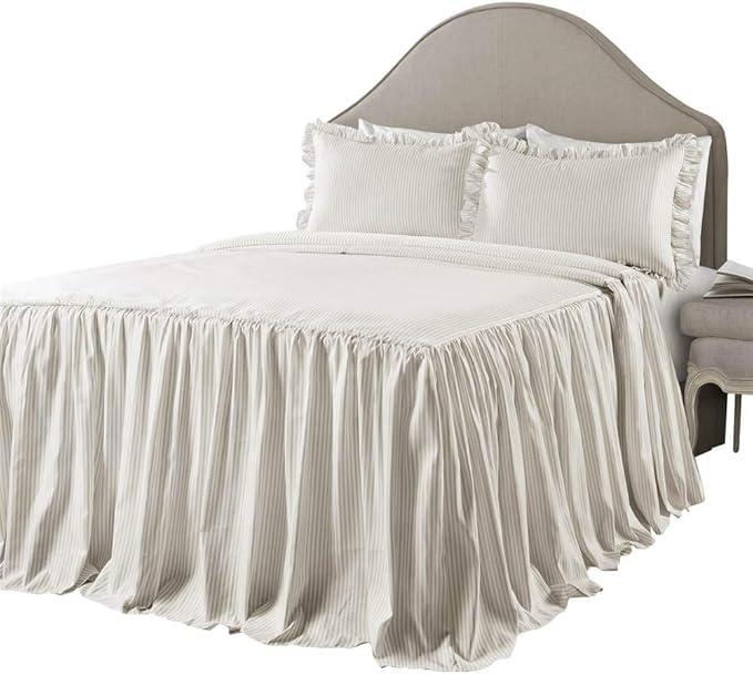 Lush Decor Ticking Stripe Bedspread Queen Size 3 Piece Set Wheat - Ruffle Bedding Set Queen Bedspreads - Striped Bedding - Farmhouse & Coquette Decor