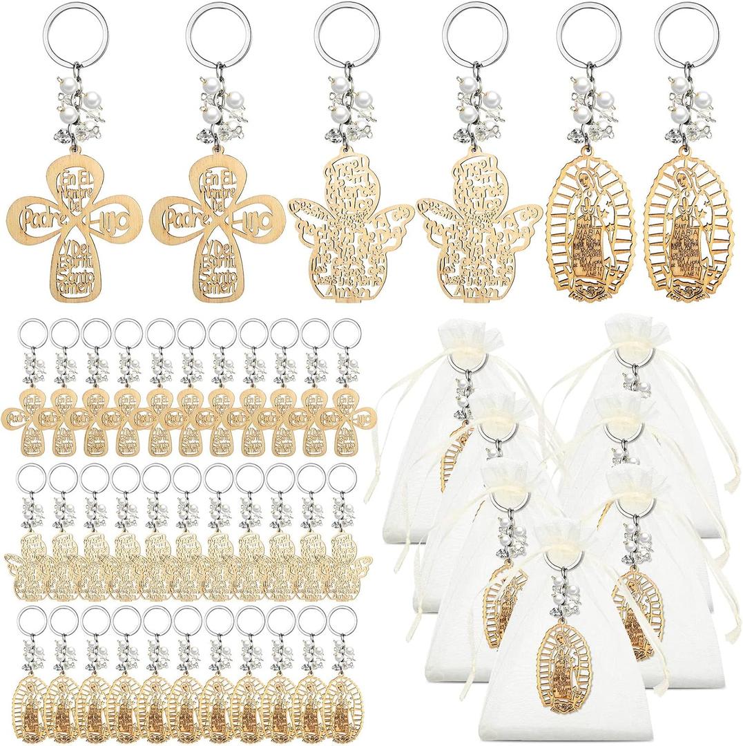 Hicarer 30 Pcs Baptism Key Ring Bautizo Recuerdos De Bautizo Para Cross Wooden Keychain with Organza Gift Bags Baptism Favor (White Pearls) (White Pearls)