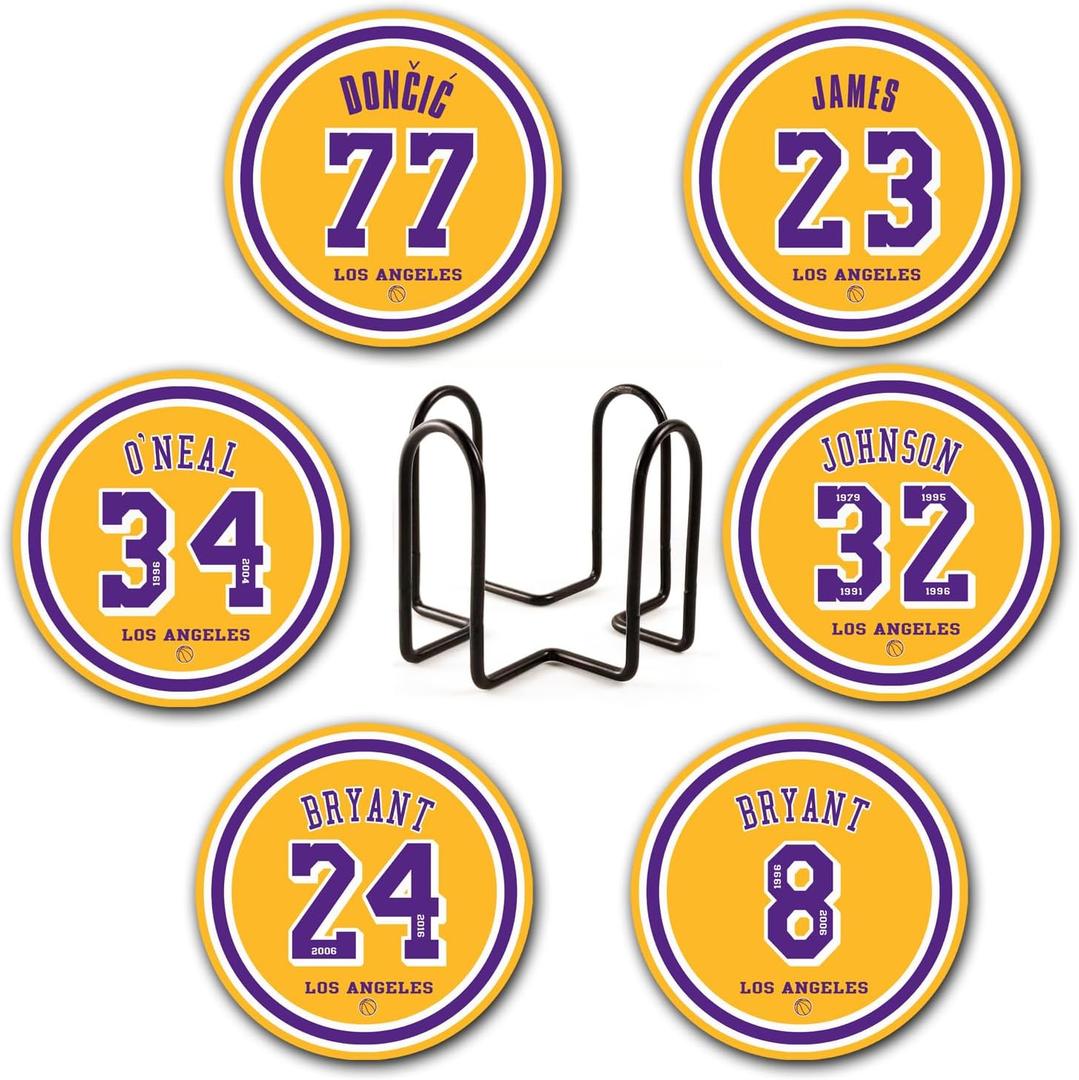 Laker Coasters for Drinks, LA Los Angeles Ceramic Coasters Set of 6, Laker Gift for Man, with Holder (Team 3)