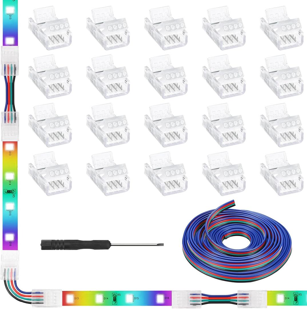 20 Pack 4 Pin LED Strip Light Connectors 10 mm, Solderless Transparent Track Lighting Connectors LED Pin Connector for 5050 Waterproof RGB