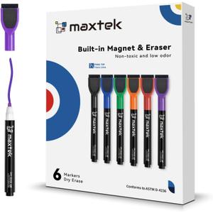 maxtek Dry Erase Markers - 6 Count Colorful Magnetic Dry Erase Markers Fine Tip with Eraser, Low Odor Whiteboard Markers for Calendar Boards