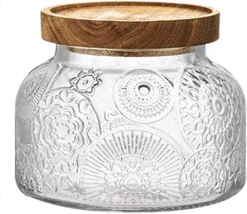 ANSQU Vintage Glass Food Storage Jar, Glass Jar with Wooden Lid, 25.4 FL OZ Decorative Glass Jar for Home Kitchen, Holds Coffee, Candy, Cookie, Sugar (Large Flower)