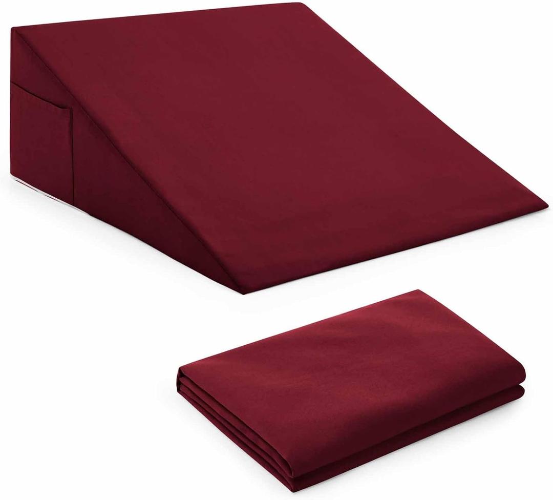 Horbaunal Burgundy Bed Wedge Pillow Cover with Zipper Design, Wedge Pillowcase Protector with Side Pocket for Storage, 25" L x 25" W x 10" H (Pillow Not Include)