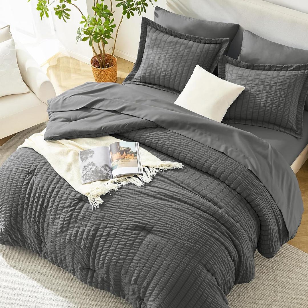 HIMEET Oversized King Comforter Set - 7 Pieces Seersucker Bed in a Bag, Boho Bedding Sets for Bedroom Decor, All Season Home Essential Bed Set with Comforter, Sheets, Pillowcases & Shams, Dark Grey