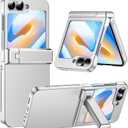 Temdan for Samsung Galaxy Z Flip 6 Case/Z Flip7 FE Case with [Built-in Front Screen Protector] [Kickstand][Hinge Protection][Hard PC] Ultra-Thin Shockproof Protective Phone Case-Silver