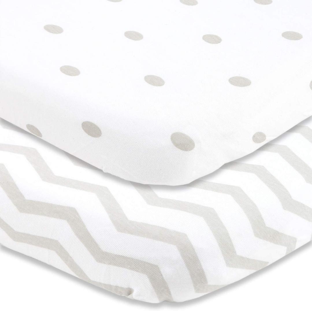 Joey + Joan Bassinet Fitted Sheets 19" x 32" for Cowiewie Bedside Sleeper Bassinet Mattress Pad  Snuggly Soft 100% Jersey Cotton  Grey Polka Dots, Chevron  2 Pack