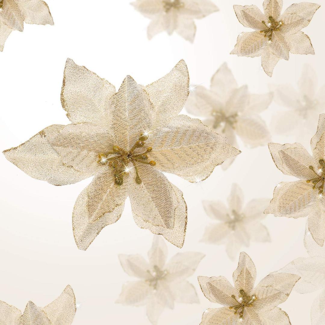 WILLBOND 36 Pcs 3 Size Christmas Poinsettia Christmas Tree Flowers Glitter Faux Flowers Decoration Artificial Poinsettia Ornaments for New Year Home Outdoor Decoration(3/4/ 6 Inch,Gold)