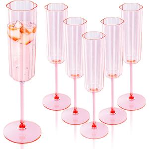 Ciaell 24 Pack Pink Plastic Champagne Flutes - 6 Oz Flower Wavy Champagne Glasses - Heavy Duty Vintage Disposable Glassware for Party & Anniversary & Wedding