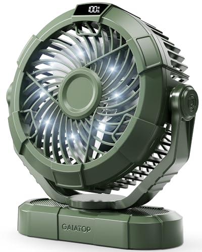Gaiatop Portable Camping Fan with LED Lantern, Power Display 360° Head Rotation, Hanging Hook for Tent, 3 Speed Quiet Rechargeable, 4000mAh Battery Operated USB Fans for Indoor Outdoor Travel Green