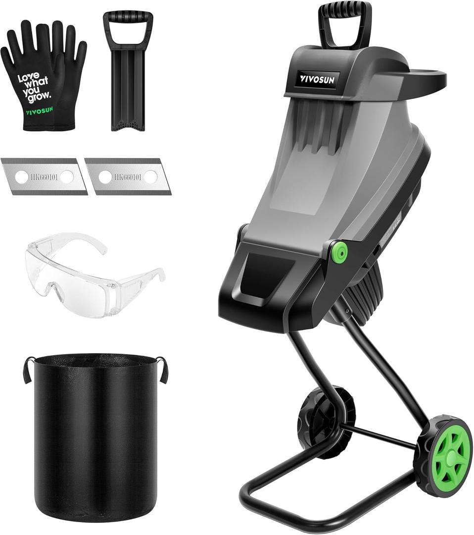 VIVOSUN 15-Amp Electric Wood Chipper Shredder with 1.77" Hopper & 50L Collection Bag, Includes Plunger, Extra Carbon Blades, Safety Goggles & Gloves for Yard Waste, Branches, and Leaves (Grey)