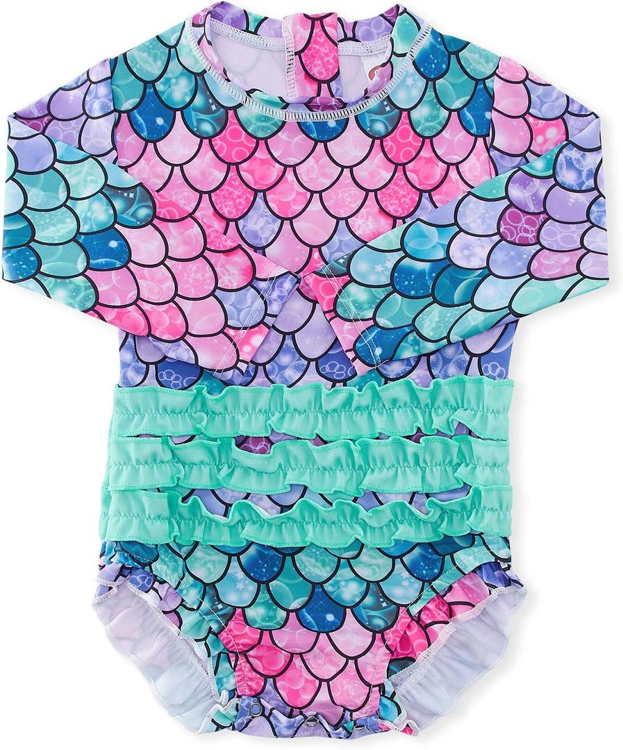 ADUKIDE Baby Girls Rash Guard Swimsuit Long Sleeve Ruffles Swimwear with Zipper UPF 50+ One Piece Beachwear Size 3-24 Months (6-12 Months, A Mermaid Co)