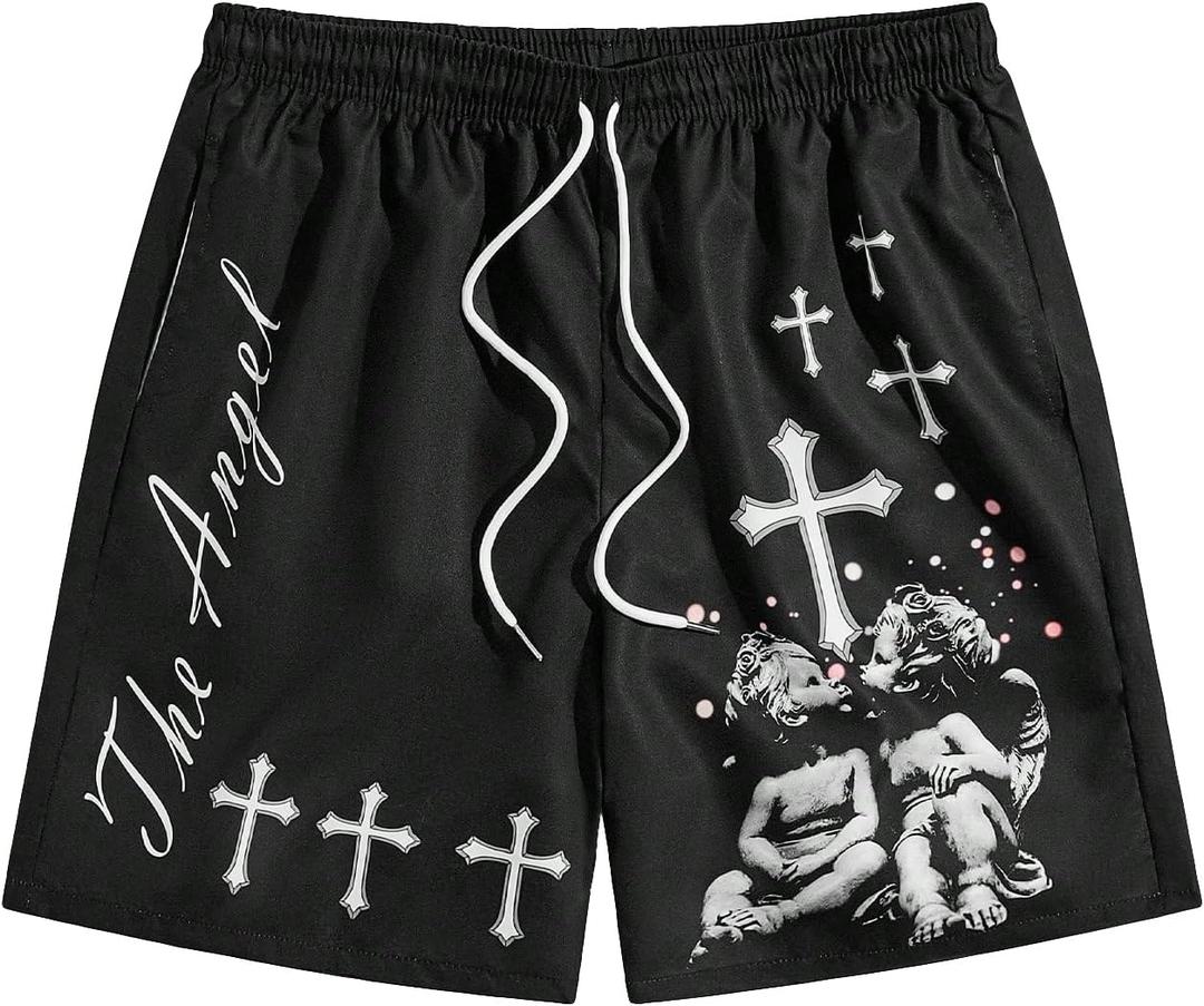 SHENHE Men's Graphic Print Drawstring Waist Shorts Casual Tie Front Straight Leg Shorts (Large, Black)