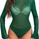 Avidlove Women Long Sleeve Bodysuit Rhinestone Bodysuit Mesh Bodysuit Tops Sexy Party Outfits