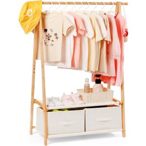 Kids Clothing Rack for Hanging Clothes, Small Toddler Clothes Racks Bamboo Wooden Garment Dress Up Storage Costume Rack with 2 Shelves and 2 Storage Baskets, for Laundry Drying (Natural)