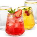 Goodluck 80 Pack 12oz Stemless Plastic Wine Glasses Clear Ribbed Cups with Gold Rim, Fancy Reusable Disposable Drinkware for Weddings, Parties, Bars, Indoor and Outdoor Events (EXP 09/26/54)