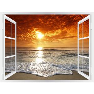 Self-Adhesive Wall Sticker Romantic Living Room Bedroom Study Office Decorative Wall Sticker Ocean Scenery Fake Window Sticker Mural (36"×48", Sunset Beach)