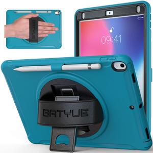 BATYUE iPad Pro 10.5 Case 2017/ iPad Air 3rd Generation Case 2019, Full-Body Shockproof Rugged Case with 360 Swivel Kickstand/Leather Hand Strap/Pencil Holder; Case for 10.5 inch iPad (Light Blue)