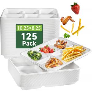 WELLIFE 100% Compostable 5 Compartment Paper Plates, 10.25 * 8.25 Inch 125 Pack Heavy Duty Divided Disposable School Lunch Trays, Eco-Friendly Bagasse Plates for Boys, Girls and Youth (BPA Free) (White)