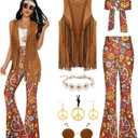 GERVAISE Womens 60s 70s Outfit Disco Hippie Costume Fringe Vest Boho Pants Accessories Set
