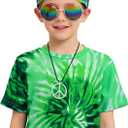 Retro 60s 70s Hippie Boys Costume Set 4Pcs Disco Party Outfit with Tie-Dye Shirt, Peace Necklace for Kids Ages 4-12 Years (Medium, Green)