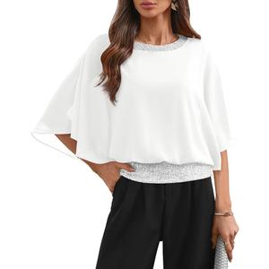 For G and PL Women's Summer Chiffon Shirt Sparkle Sequin Crewneck 3/4 Sleeve Dolman Top Blouses (Red)