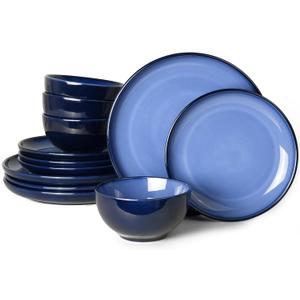Pokini Blue Stoneware Dinnerware Set, 12 pcs Reactive Glaze Plates and Bowls Sets, Handmade Round Dishes Set for 4, Highly Chip and Crack Resistant Modern Plate Set