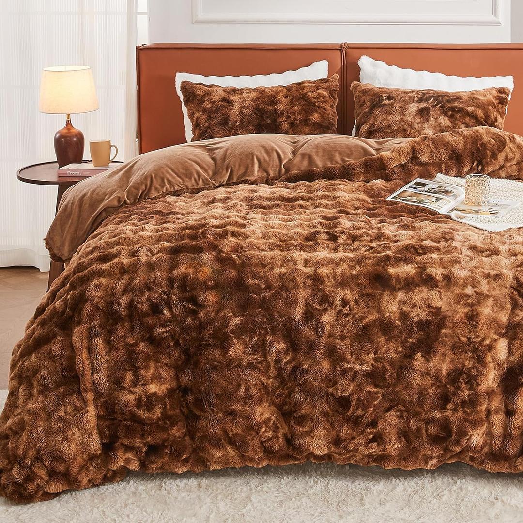 EMME Faux Fur Duvet Cover King Size, 3 Pieces Ultra Soft Fluffy Comforter Cover, Cozy Warm for Winter, Luxury Elegant Shaggy Bubble Design Bedding, 1 Duvet Cover & 2 Pillow Shams (King, Tie Dye Brown)