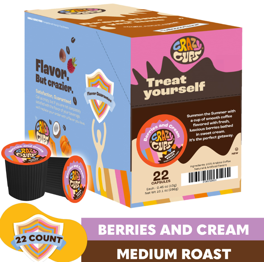 Crazy Cups Flavored Coffee Pods, Berries & Cream, Single Serve Keurig K Cups Machines, Hot or Iced & Medium Roast Coffee in Recyclable Pods, 22 Count (Pack of 1)