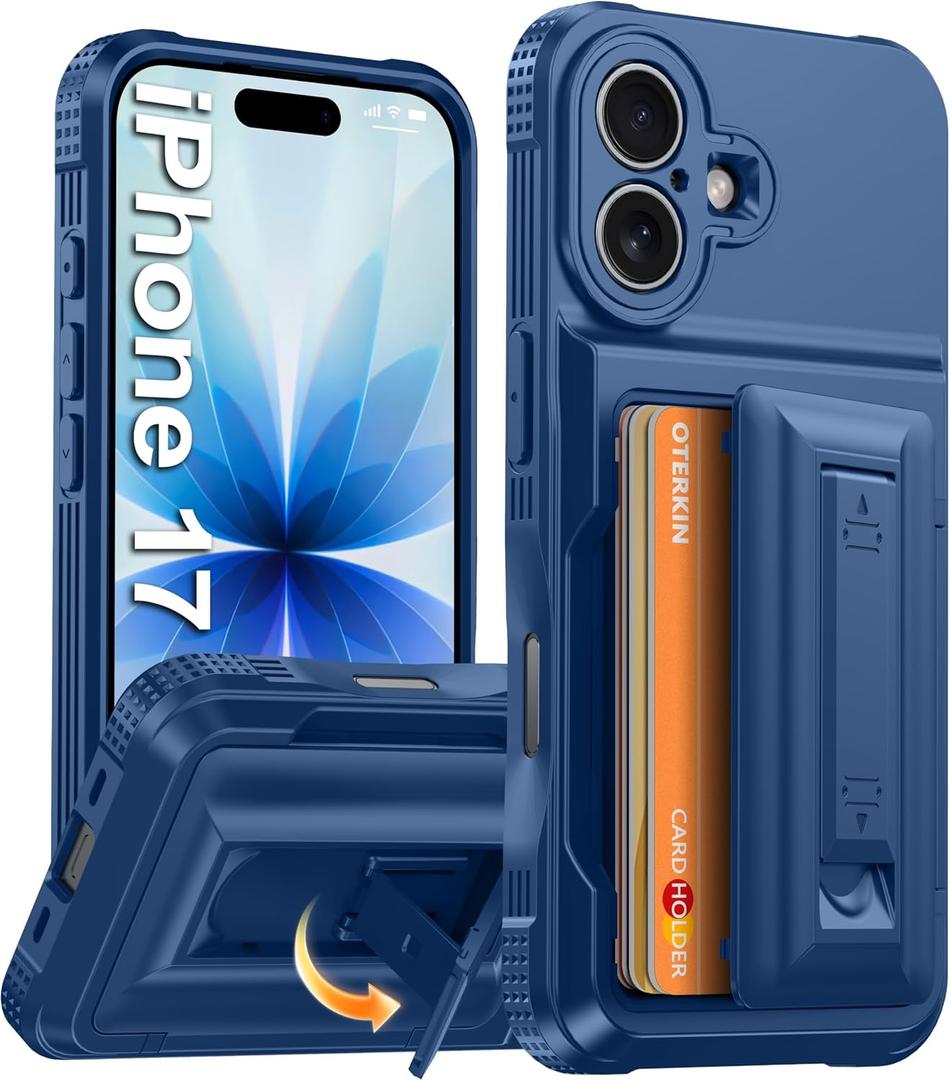 Oterkin for iPhone 17 Wallet Case | 4-5 Card Holder | Stand, Blue 6.3" | RFID Blocking, Built-in Kickstand, Full Camera Protection | Heavy Duty Rugged Shockproof Phone Case for iPhone 17 6.3"