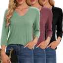 3/4 Length Sleeve Womens Tops Casual V Neck Basic T Shirts Summer Blouses Work Tunic Loose Fit Trendy 3 Pack (L)