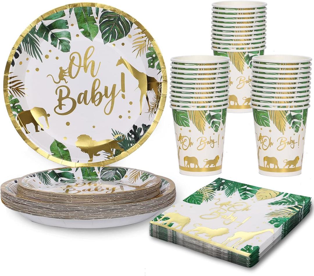 96 Pcs Jungle Safari Baby Shower Decorations Tableware Set, Oh Baby Paper Plates Cups and Napkins for Baby Shower and Birthday Party, Serves 24