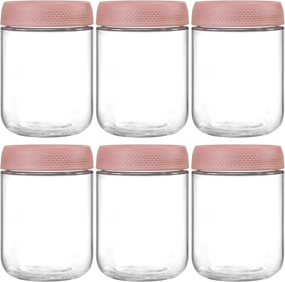NETANY 6-pack 16oz Glass jars with Airtight Lids, Overnight Oats Containers with Lids, Wide mouth Mason Salad jars, Glass Food Storage Containers for Snacks Yogurt Spice Sugar-Pink