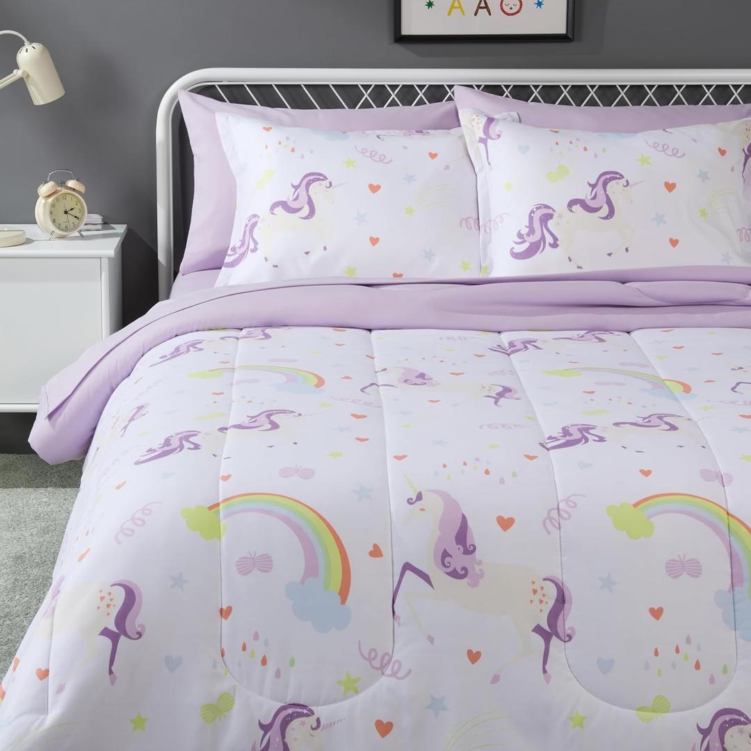 Microfiber Kids' Bed-in-a-Bag 7-Piece Bedding Sheet and Comforter Set, Full/Queen, Unicorn Print
