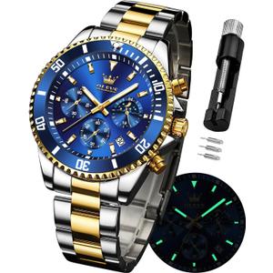 OLEVS Watches for Men Stainless Steel Analog Quartz Chronograph Moon Phase Watch Waterproof Date Luminous Wrist Male Watches,Gift for Men (Blue)