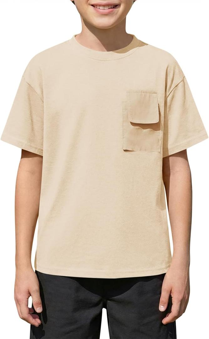 Boys Short Sleeve T Shirts Kids Fashion Crewneck Casual Tees Tops with Flap Chest Pocket 5-14 Years (Beige)