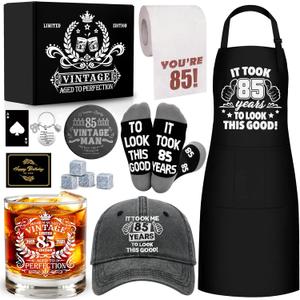 85th Birthday Gifts for Men Whiskey Glass Set, 85th Birthday Party Supplies with 11 Oz Whiskey Glass Coaster Stone Baseball Cap Apron Sock Toilet Paper Keychain for Him, Dad, Husband, Friends