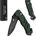 FLISSA Folding Pocket Knife with Clip, Glass Breaker and Seatbelt Cutter, Survival Knife for Emergency Rescue Situations, EDC Knife for Tactical, Hunting, Camping, Outdoor, Unique Gifts for Dad, Father-Green