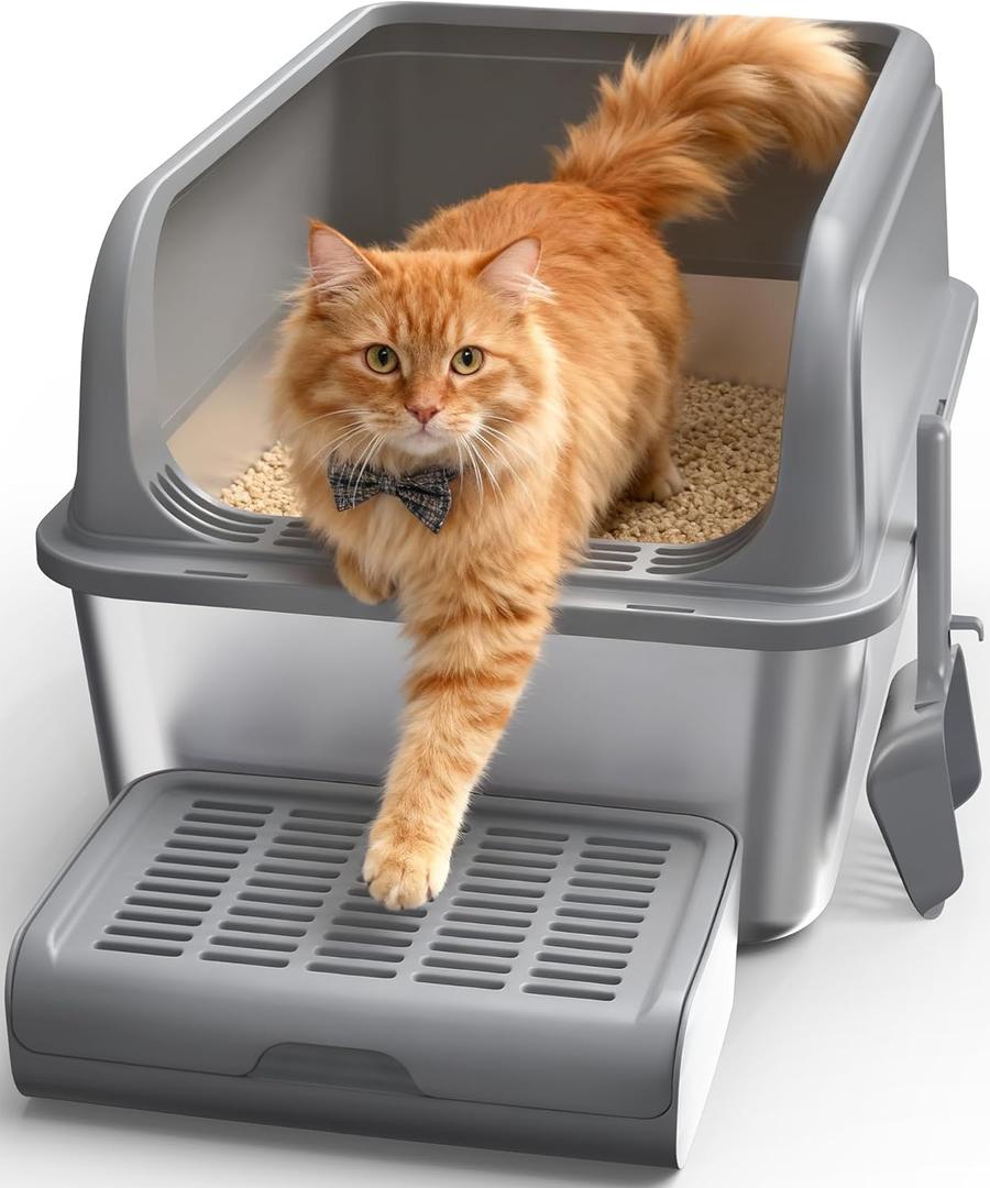 Cat Litter Box - Stainless Steel Litter Box with Scatter-Proof Elevated Step Board for Kitty Use, Robust & Non-Sticky Metal Cat Box with Scoop, Grey