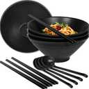 Set of 4 Ramen Bowl Set, Melamine Large Japanese Style Noodle Soup Bowls Set with Spoons and Chopsticks for Ramen, Pho, Noodles, Asian Dishes Black,Large Bowl for Adults| Dishwasher Safe (Black 8.7in)